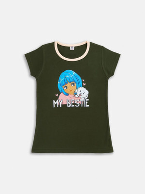 Here&Now X Game Begins Baby Girls Printed Cotton Blend Regular T Shirt(Green, Pack of 1)