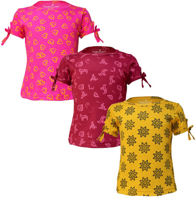 Just Live Fashionn Girls Printed Pure Cotton Regular T Shirt(Multicolor, Pack of 3)