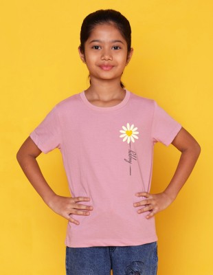 Nusyl Girls Graphic Print Cotton Blend T Shirt(Pink, Pack of 1)