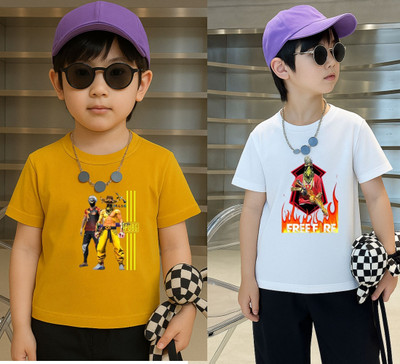 Lecowar Boys Printed Polyester Regular T Shirt(Yellow, White, Pack of 2)