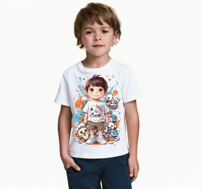 KPPRINT Boys Printed Cotton Blend Regular T Shirt(White, Pack of 1)