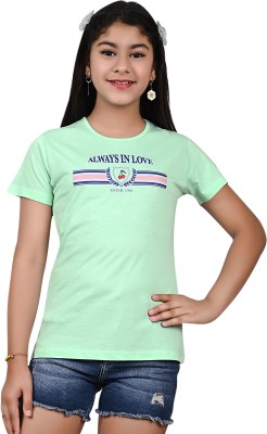 Telesto Girls Printed Cotton Blend T Shirt(Green, Pack of 1)