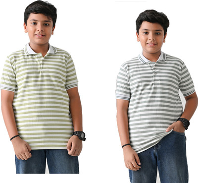 IndiWeaves Boys Striped Pure Cotton Regular T Shirt(Green, Dark Blue, Pack of 2)