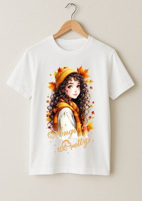 Kid's Yuga Girls Printed Polyester Regular T Shirt(White, Pack of 1)