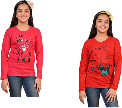 IndiWeaves Girls Printed Pure Cotton Regular T Shirt(Multicolor, Pack of 2)