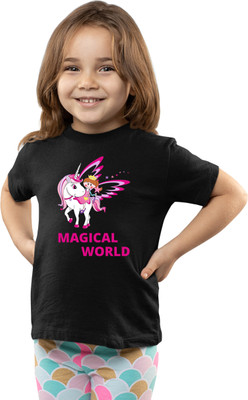 Printabulous Girls Printed Pure Cotton Regular T Shirt(White, Pack of 1)