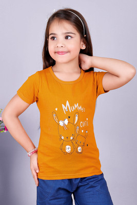 JY TRADERS Baby Girls Printed Pure Cotton Regular T Shirt(Yellow, Pack of 1)