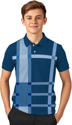 Kiddy Viddy Boys Checkered Cotton Blend Regular T Shirt(Dark Blue, White, Pack of 1)