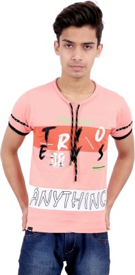 Prabhuratan Boys Typography, Graphic Print Pure Cotton T Shirt(Pink, Pack of 1)