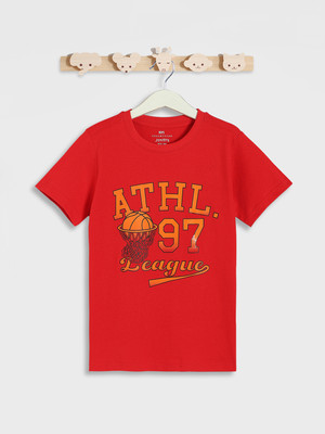 JUNIORS by Babyshop Boys Printed Pure Cotton Regular T Shirt(Red, Pack of 1)