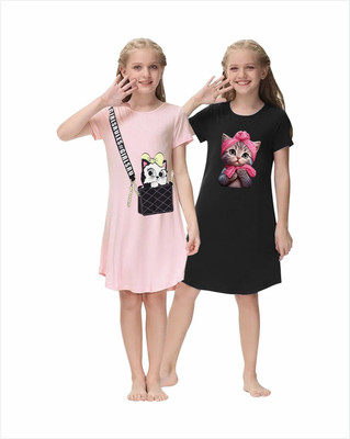 KEESOR Girls Printed Cotton Blend Regular T Shirt(Black, Pink, Pack of 2)
