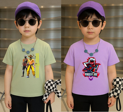 Lecowar Boys Printed Polyester Regular T Shirt(Green, Purple, Pack of 1)