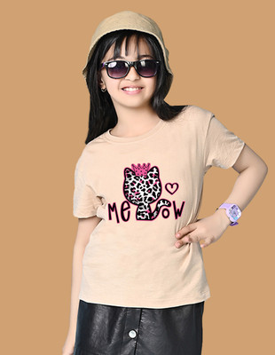 Nusyl Girls Graphic Print Cotton Blend Oversized T Shirt(Beige, Pack of 1)