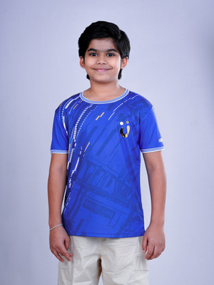 UMILDO Boys & Girls Printed Polyester Regular T Shirt(Blue, Pack of 1)