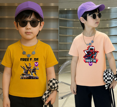 Lecowar Boys Graphic Print Polyester Regular T Shirt(Yellow, Pink, Pack of 1)