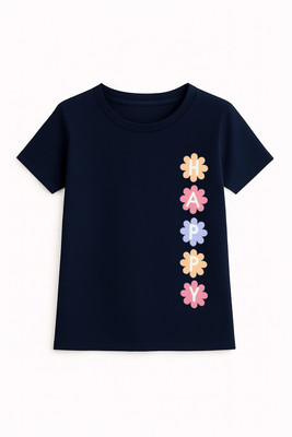 M Queen Girls Printed Cotton Blend Regular T Shirt(Dark Blue, Pack of 1)