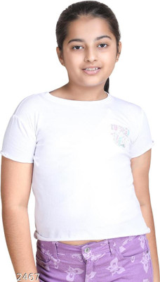 GALAD Girls Printed Cotton Blend Regular T Shirt(White, Pack of 1)