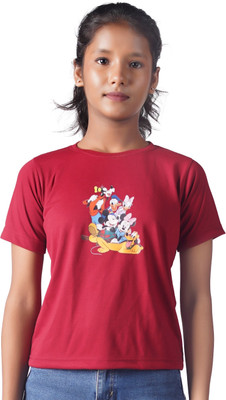 Yellowtoons Girls Printed Cotton Blend Slim T Shirt(Red, Pack of 1)