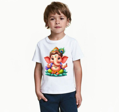 KPPRINT Boys Printed Cotton Blend Regular T Shirt(White, Pack of 1)