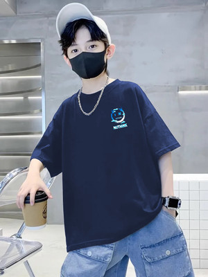 Trip colours Boys Printed Cotton Blend Oversized T Shirt(Dark Blue, Pack of 1)