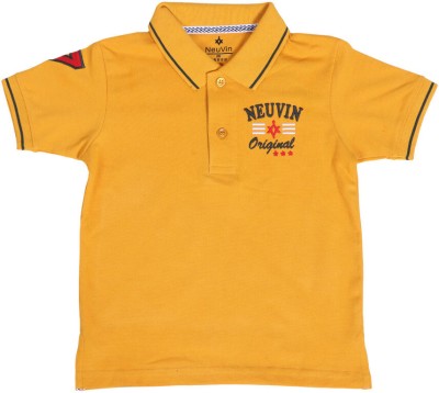 NeuVin Boys Embroidered Cotton Blend T Shirt(Yellow, Pack of 1)