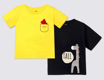 AALEKH Baby Boys & Baby Girls Printed Pure Cotton Regular T Shirt(Yellow, Black, Pack of 2)