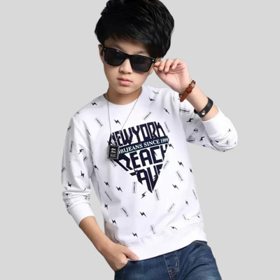ATLANS CLOTHES Boys Typography, Printed Cotton Blend Regular T Shirt(White, Pack of 1)