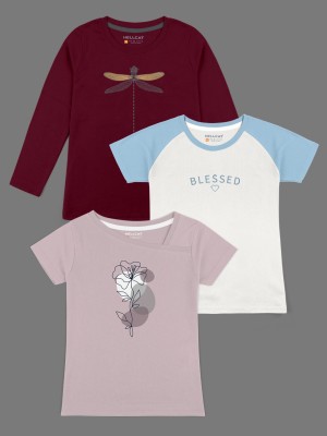 Hellcat Girls Graphic Print Cotton Blend T Shirt(Maroon, Pack of 3)