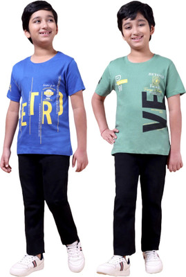 FREEZEANDFROST Boys Printed Cotton Blend Regular T Shirt(Blue, Green, Pack of 2)