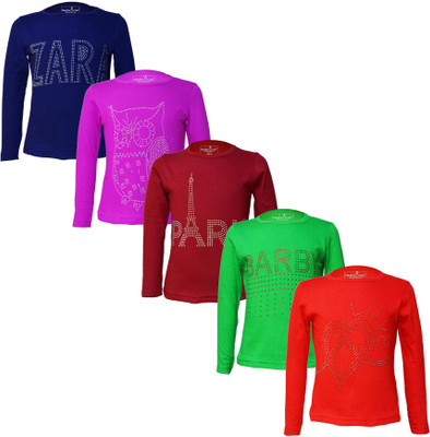 Eazy Trends Girls Printed Pure Cotton Regular T Shirt(Multicolor, Pack of 5)