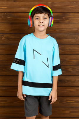 HIGHLANCESHIRT Boys Printed Cotton Blend Oversized T Shirt(Light Blue, Pack of 1)