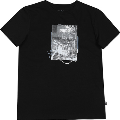 PUMA Boys Printed Pure Cotton Regular T Shirt(Black, Pack of 1)