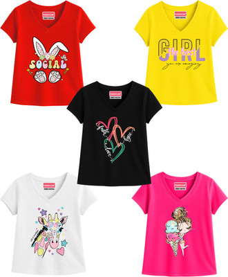 Kwitchy Baby Girls Graphic Print Cotton Blend Regular T Shirt(Multicolor, Pack of 5)