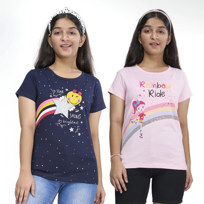 Zuniors-SSC Girls Graphic Print Pure Cotton Regular T Shirt(Multicolor, Pack of 2)