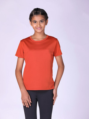 UMILDO Girls Solid Polyester Regular T Shirt(Orange, Pack of 1)