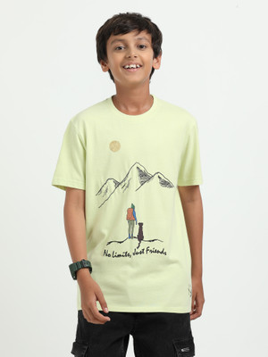 estuna Boys Printed Pure Cotton Regular T Shirt(Yellow, Pack of 1)