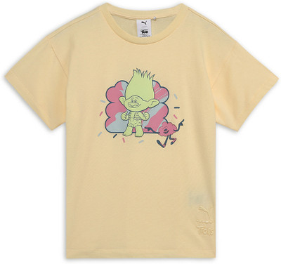 PUMA Boys Printed Cotton Blend Regular T Shirt(Yellow, Pack of 1)