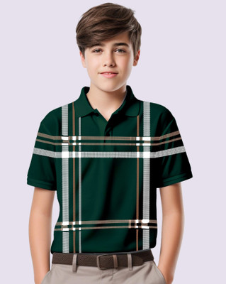 AUSK Boys Checkered Cotton Blend Regular T Shirt(Green, Grey, Pack of 1)