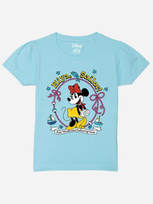 WYM TREND Girls Graphic Print Pure Cotton Regular T Shirt(Blue, Pack of 1)