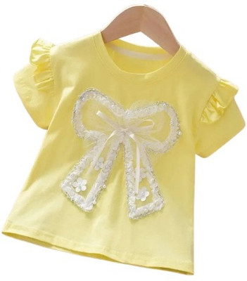 Vrushti Art Baby Girls Embroidered Cotton Blend Regular T Shirt(Yellow, Pack of 1)