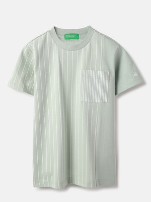 United Colors of Benetton Boys Striped Pure Cotton Regular T Shirt(White, Green, Pack of 1)