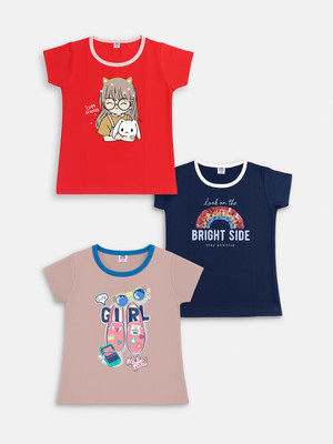 Here&Now X Game Begins Baby Girls Printed Cotton Blend Regular T Shirt(Multicolor, Pack of 1)