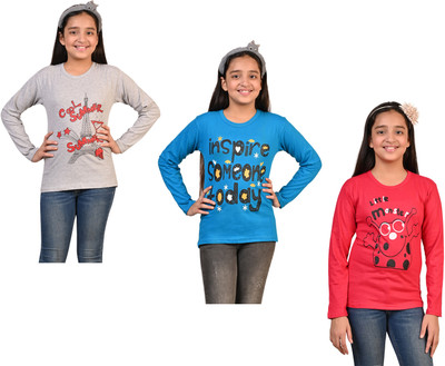 IndiWeaves Girls Printed Pure Cotton Regular T Shirt(Multicolor, Pack of 3)