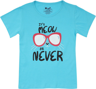 FEDAMSEL Girls Printed Pure Cotton Regular T Shirt(Light Blue, Pack of 1)