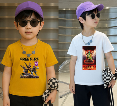 Lecowar Boys Printed Polyester Regular T Shirt(Yellow, White, Pack of 2)