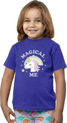 Printabulous Girls Printed Pure Cotton Regular T Shirt(Black, Pack of 1)