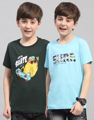 MONTE CARLO Boys Printed Cotton Blend T Shirt(Green, Pack of 2)