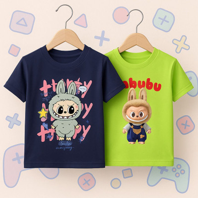 Kidloo Boys Printed Pure Cotton Regular T Shirt(Dark Blue, Green, Pack of 2)