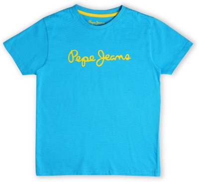 Pepe Jeans Boys Printed Pure Cotton Regular T Shirt(Blue, Pack of 1)