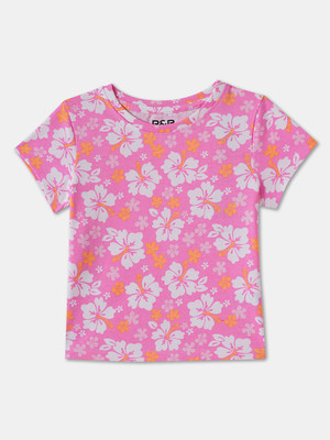 R&B Girls Graphic Print Pure Cotton Regular T Shirt(Pink, Pack of 1)